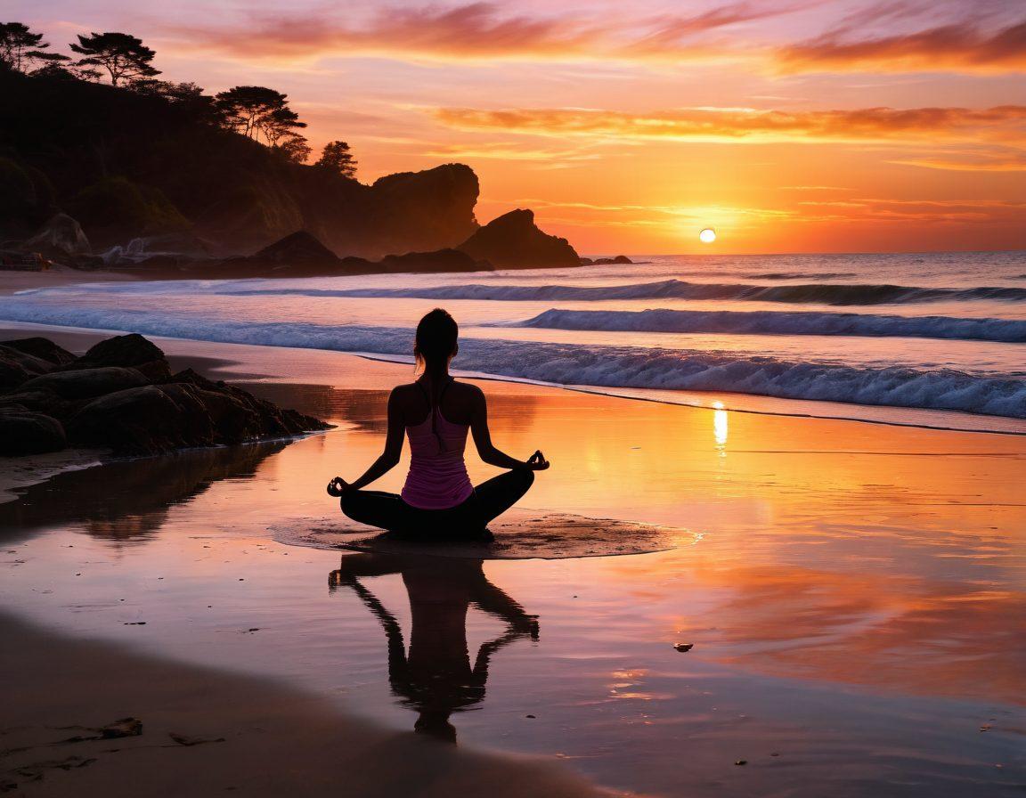 A serene scene depicting a vibrant sunrise over a peaceful landscape, symbolizing hope and healing. Include a silhouette of a person practicing yoga on a calm beach, with gentle waves in the background. Integrate subtle visual elements like colorful herbs and anti-inflammatory foods around the person, highlighting natural remedies. The atmosphere should evoke tranquility and strength, reflecting the journey of managing rheumatoid arthritis. super-realistic. vibrant colors. peaceful ambiance.