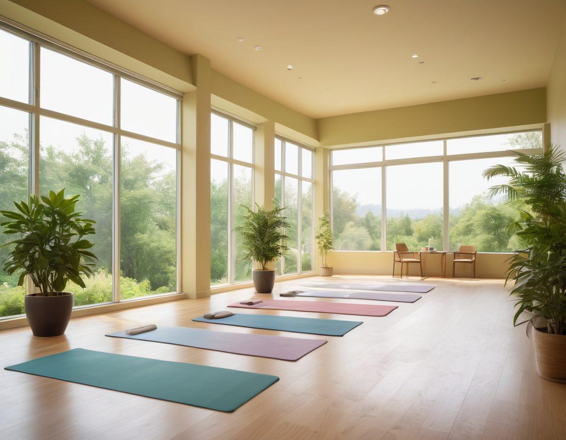 A serene healthcare setting featuring a diverse group of patients engaged in various therapeutic interventions like yoga, meditation, and acupuncture. Elements of nature such as plants and sunlight filtering through windows to evoke a sense of healing and tranquility. Include soft colors to represent peace and empowerment, and a subtle overlay of medical symbols to signify health and wellness. minimalistic, calming tones. soft focus. vibrant colors.