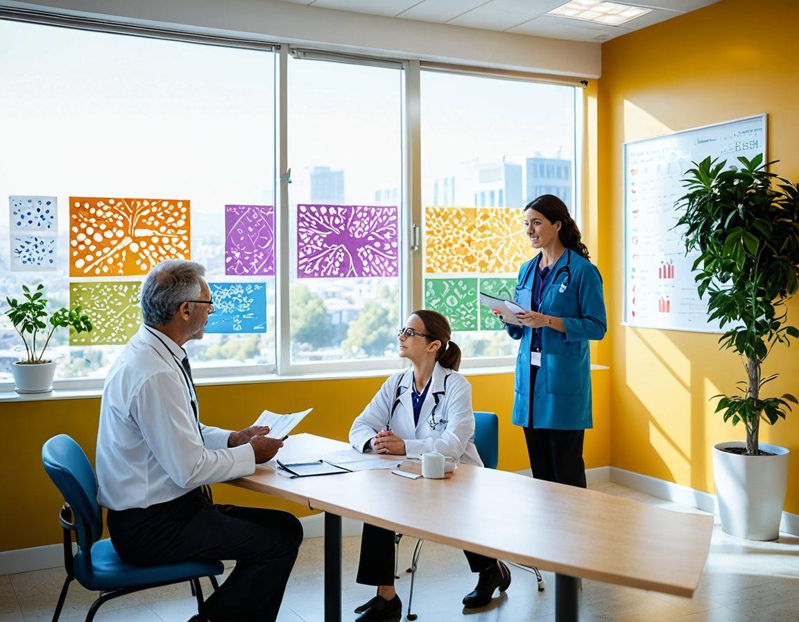 A rheumatologist in a bright, modern clinic, discussing treatment options with a patient. Surrounding them are vibrant charts illustrating autoimmune conditions, a model of the immune system, and a window showing a sunny landscape to symbolize hope. The atmosphere is warm and professional, conveying trust and collaboration. super-realistic. vibrant colors. modern healthcare setting.